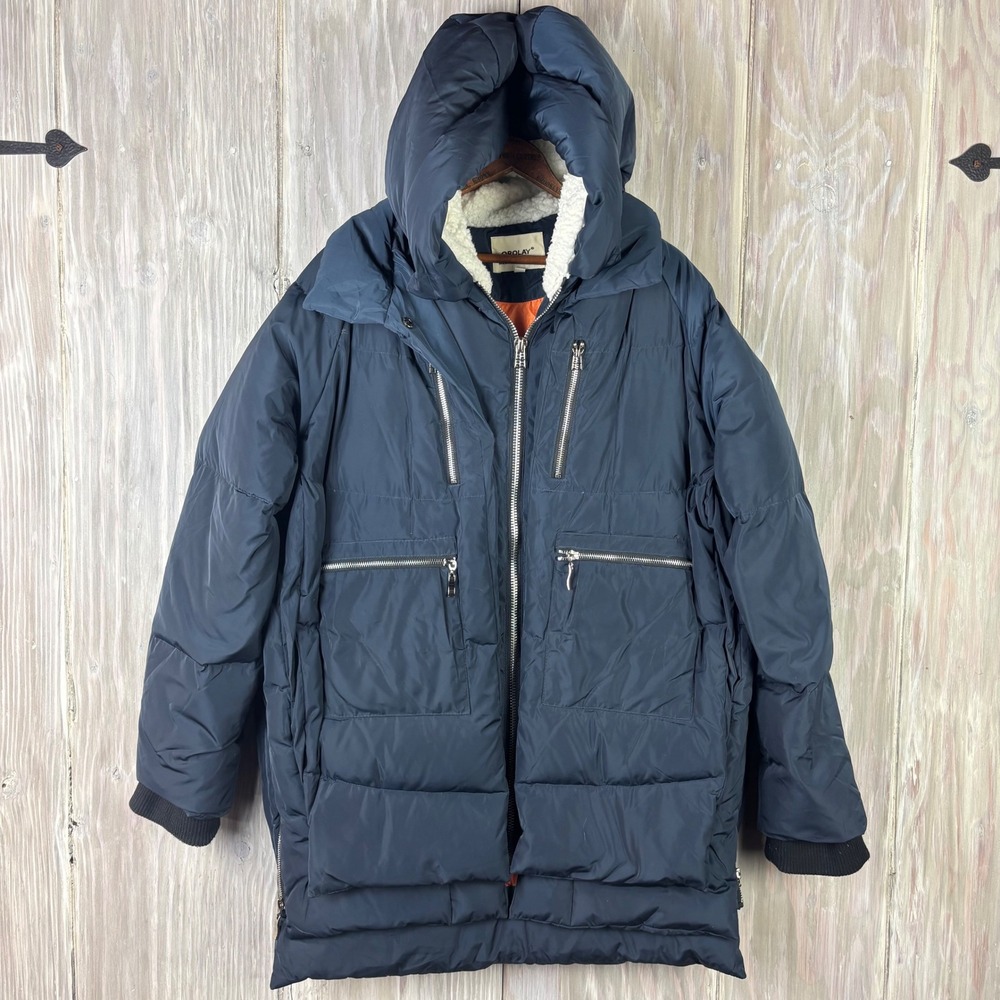 OROLAY Oversized Hooded Puffer Jacket Navy‎ Sherpa Lined Zip Pockets XL Zippers
